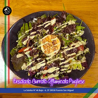 Picar y compartir - Pizzería Bella Parténope - Puente San Miguel, Cantabria 2 Ensalada Burrata Affumicata Pugliese-Bella-Partenope